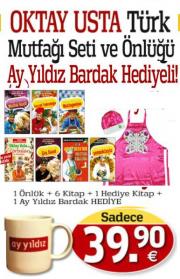 Oktay Usta Kelebek Modeli Önlüğü ve Türk Mutfağı Seti (1 Önlük + 7 Kitap + 1 Ay Yıldız Bardak)